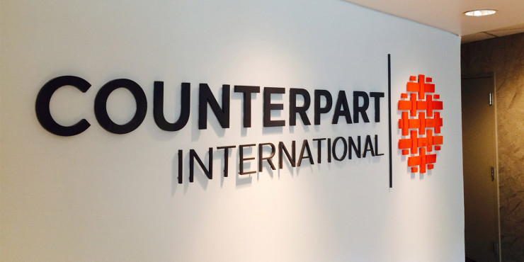 Counterpart International Reception sign, 3D lettering